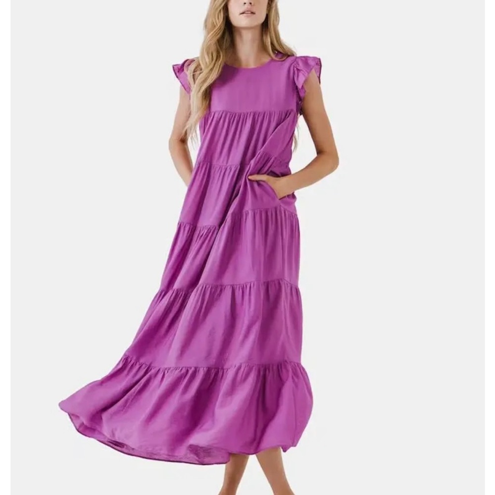 La' Ven Tie Back Empire Waist Ruffle Tiered Ruffle Sleeve Maxi Dress Pink Small